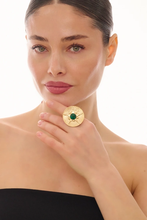 Kiraz Emerald Crystal Stoned Gold Plated Ring