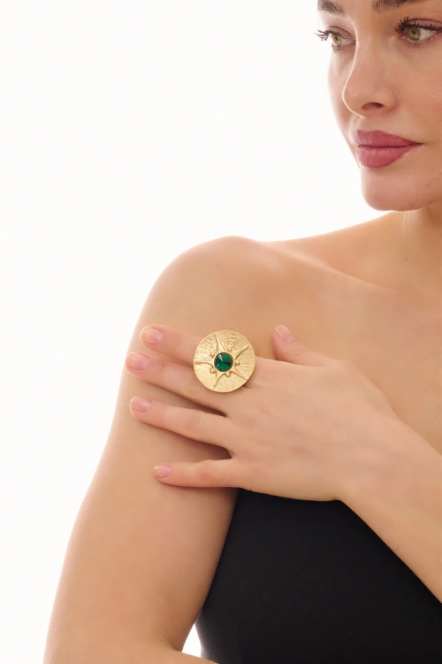 Kiraz Emerald Crystal Stoned Gold Plated Ring
