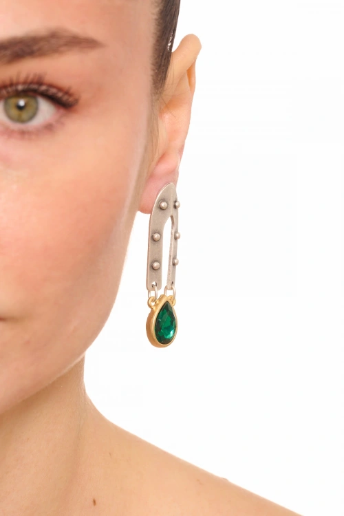 Kiraz Emerald Crystal Stoned Silver And Gold Plated Earring