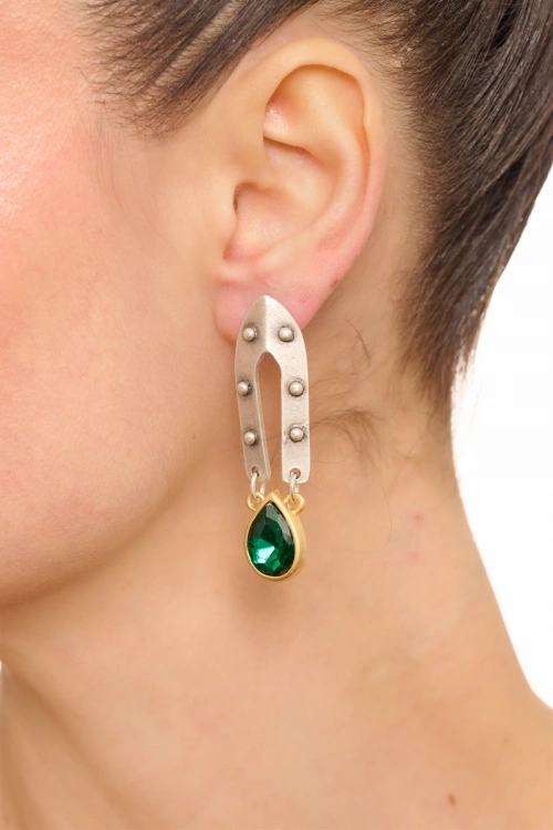 Kiraz Emerald Crystal Stoned Silver And Gold Plated Earring