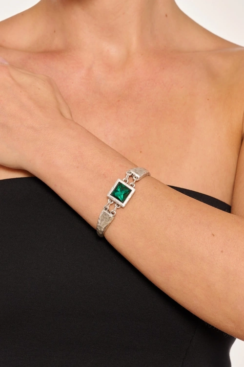 Kiraz Emerald Crystal Stoned Silver Plated Bracelet