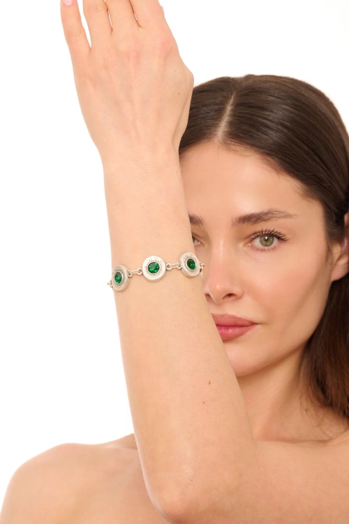 Kiraz Emerald Crystal Stoned Silver Plated Bracelet