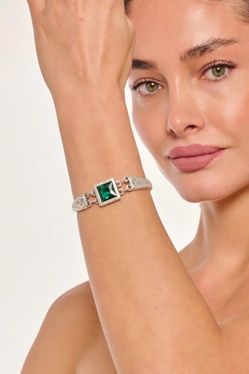 Kiraz Emerald Crystal Stoned Silver Plated Bracelet