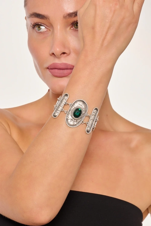 Kiraz Emerald Crystal Stoned Silver Plated Bracelet