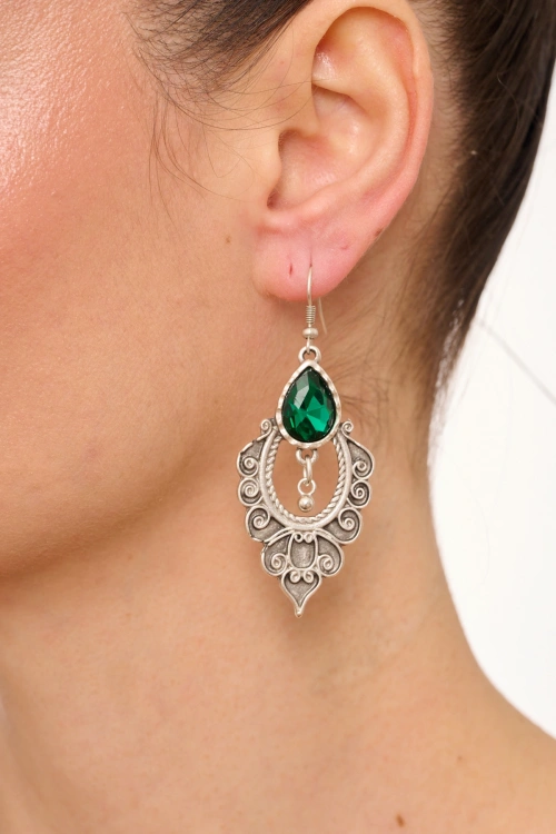 Kiraz Emerald Crystal Stoned Silver Plated Earring