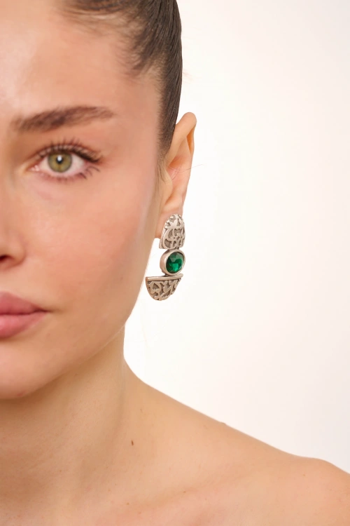 Kiraz Emerald Crystal Stoned Silver Plated Earring