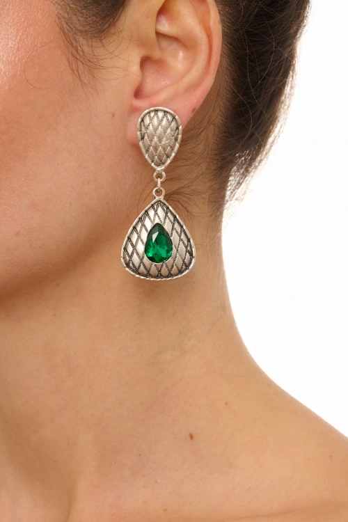 Kiraz Emerald Crystal Stoned Silver Plated Earring