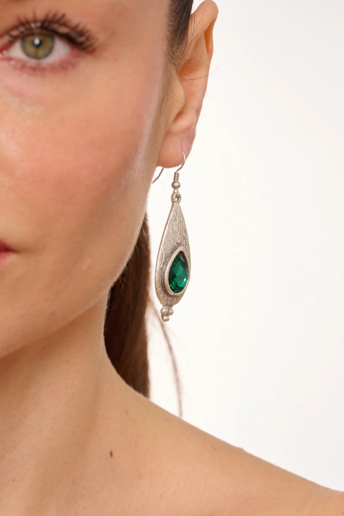 Kiraz Emerald Crystal Stoned Silver Plated Earring