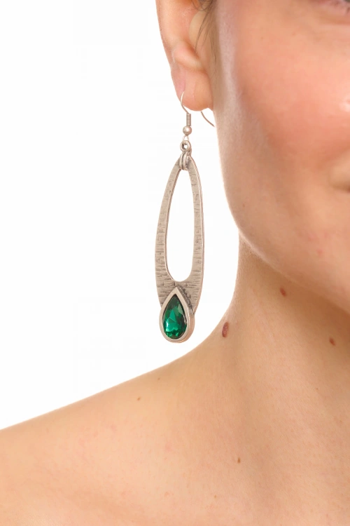 Kiraz Emerald Crystal Stoned Silver Plated Earring