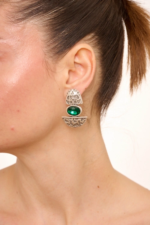 Kiraz Emerald Crystal Stoned Silver Plated Earring
