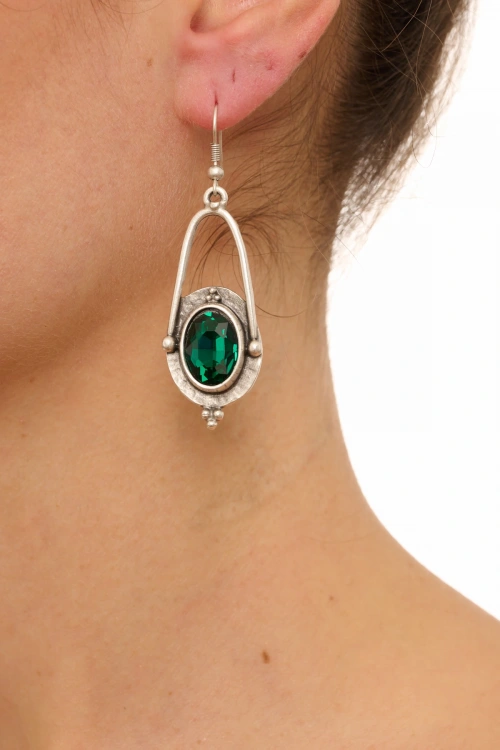 Kiraz Emerald Crystal Stoned Silver Plated Earring