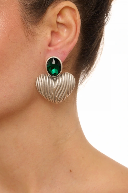 Kiraz Emerald Crystal Stoned Silver Plated Heart Earring