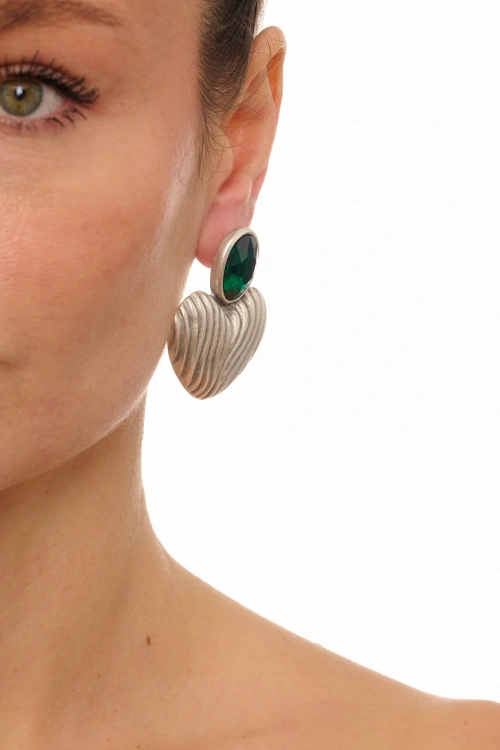 Kiraz Emerald Crystal Stoned Silver Plated Heart Earring