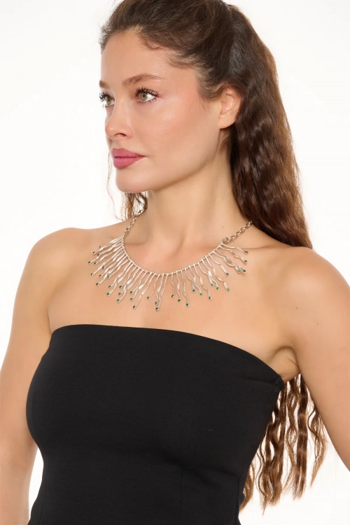 Kiraz Emerald Crystal Stoned Silver Plated Lightning Necklace