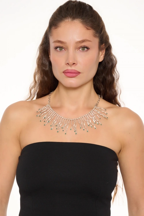 Kiraz Emerald Crystal Stoned Silver Plated Lightning Necklace