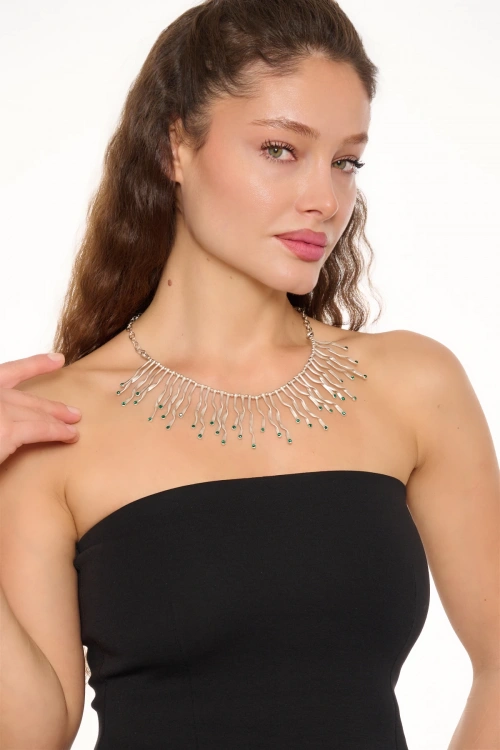 Kiraz Emerald Crystal Stoned Silver Plated Lightning Necklace