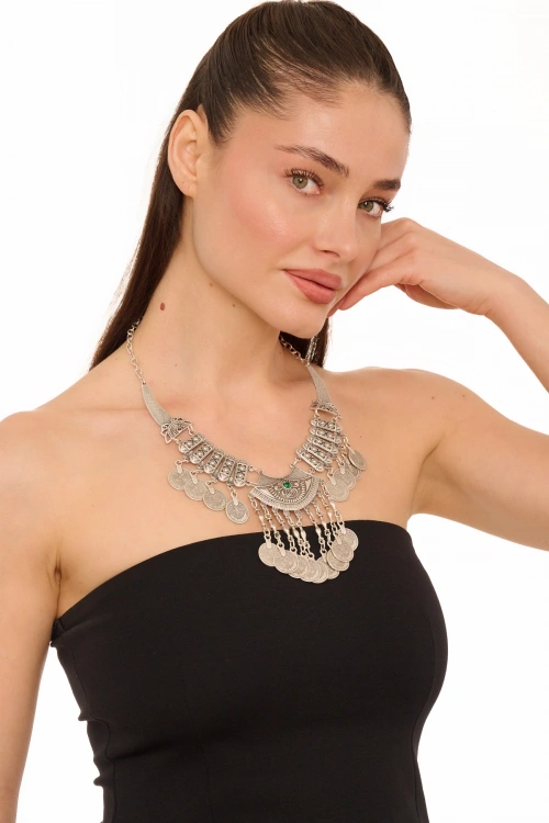 Kiraz Emerald Crystal Stoned Silver Plated Necklace