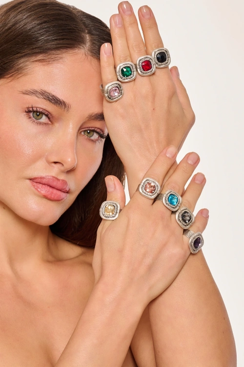 Kiraz Emerald Crystal Stoned Silver Plated Ring