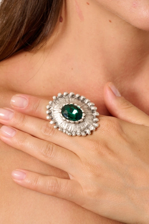 Kiraz Emerald Crystal Stoned Silver Plated Ring