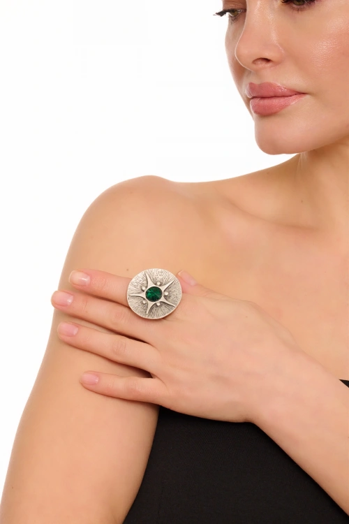 Kiraz Emerald Crystal Stoned Silver Plated Ring