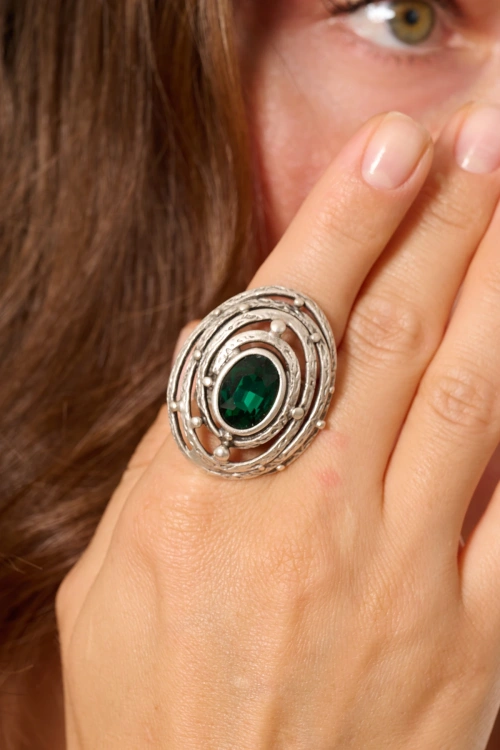 Kiraz Emerald Crystal Stoned Silver Plated Ring