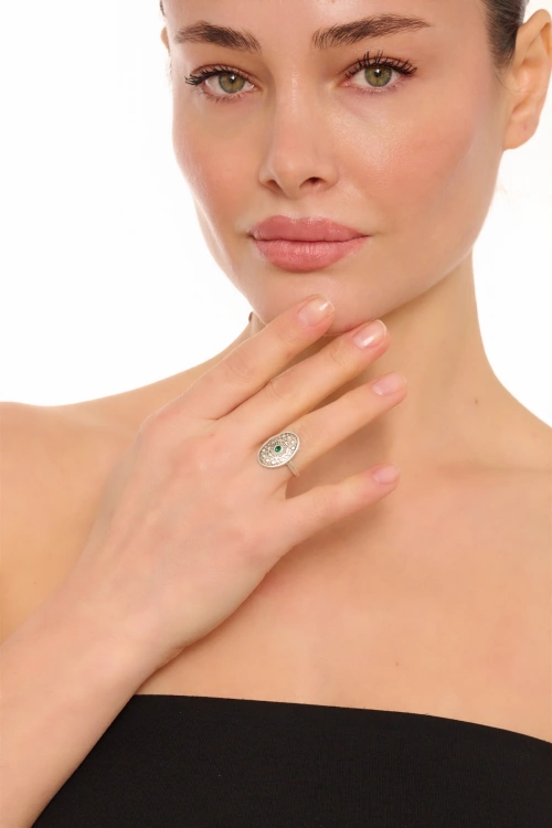 Kiraz Emerald Crystal Stoned Silver Plated Ring