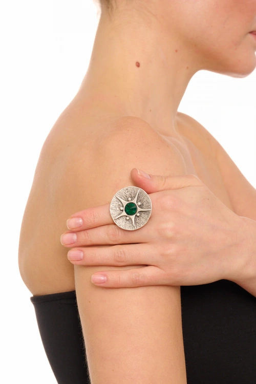 Kiraz Emerald Crystal Stoned Silver Plated Ring