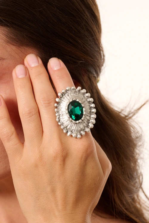 Kiraz Emerald Crystal Stoned Silver Plated Ring