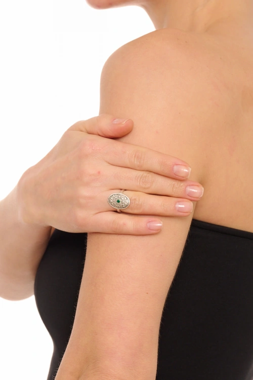 Kiraz Emerald Crystal Stoned Silver Plated Ring