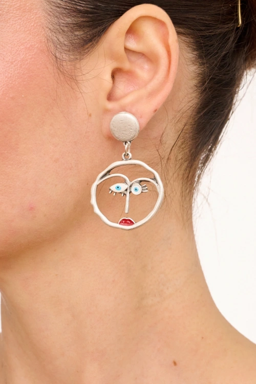 Kiraz Enameled Silver Plated Face Earring