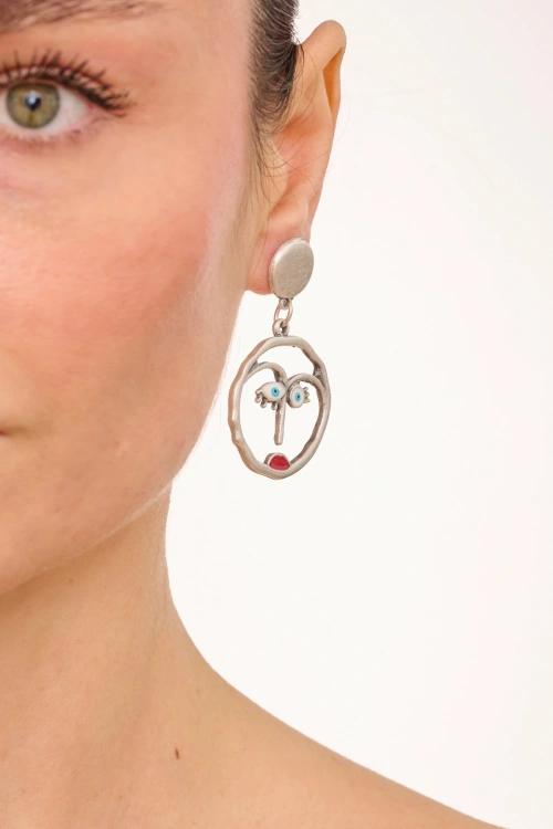 Kiraz Enameled Silver Plated Face Earring