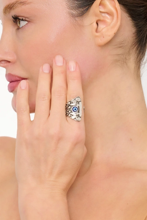 Kiraz Evil Eye Stoned Silver Plated Ring