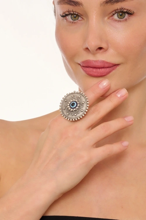 Kiraz Evil Eye Stoned Silver Plated Ring