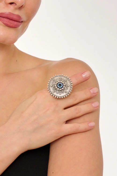 Kiraz Evil Eye Stoned Silver Plated Ring
