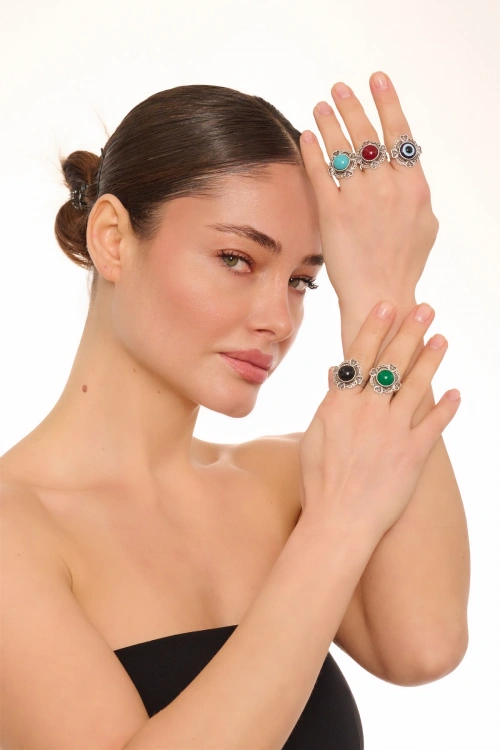 Kiraz Evil Eye Stoned Silver Plated Ring