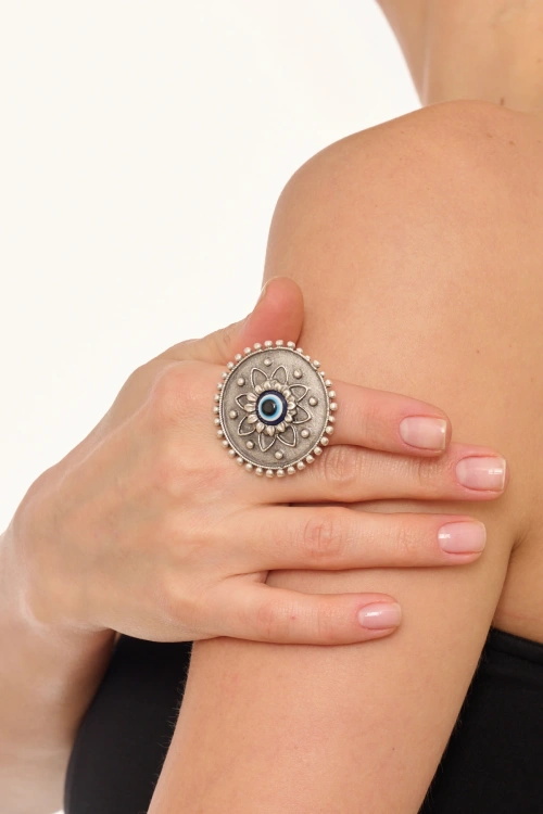 Kiraz Evil Eye Stoned Silver Plated Ring