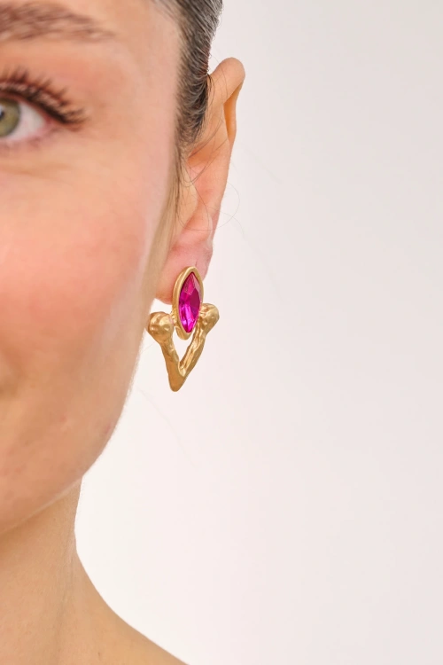 Kiraz Fuchsia Crystal Stoned Gold Plated Earring