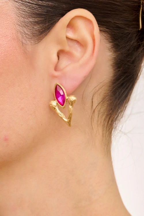 Kiraz Fuchsia Crystal Stoned Gold Plated Earring