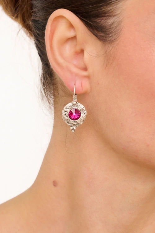 Kiraz Fuchsia Crystal Stoned Silver Plated Earring