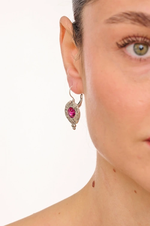 Kiraz Fuchsia Crystal Stoned Silver Plated Earring