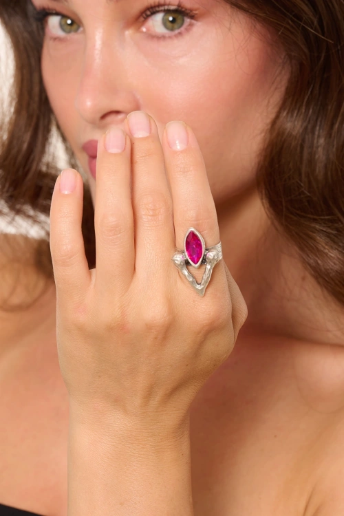Kiraz Fuchsia Crystal Stoned Silver Plated Ring