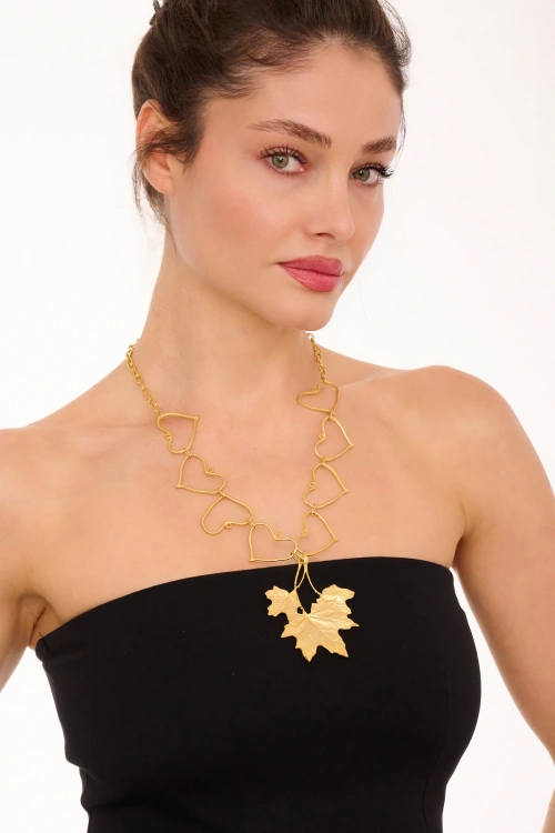 Kiraz Gold Plated Heart And Leaf Necklace
