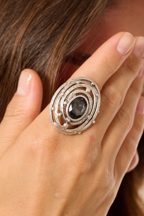 Kiraz Smoked Crystal Stoned Silver Plated Ring