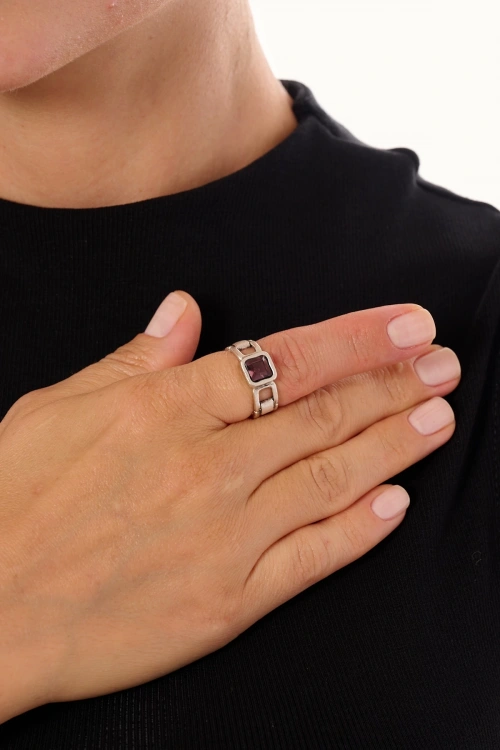 Kiraz Smoked Crystal Stoned Silver Plated Ring