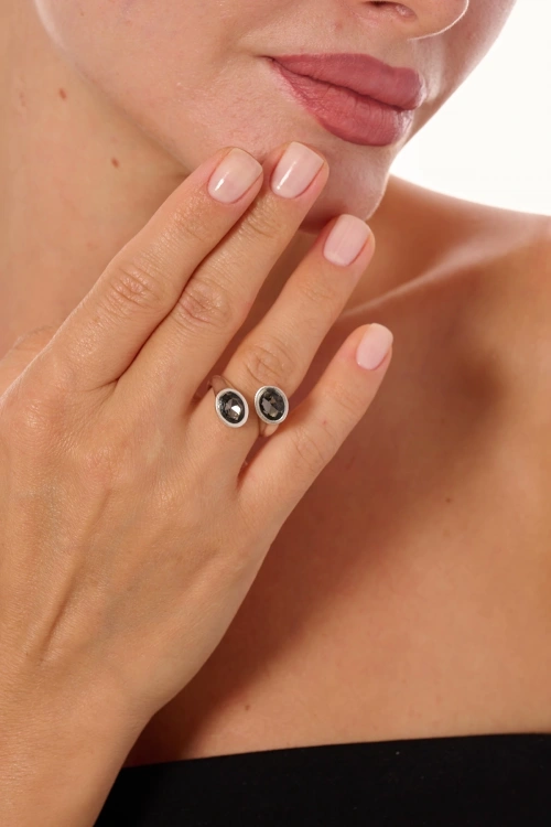 Kiraz Smoked Crystal Stoned Silver Plated Ring