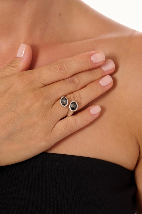 Kiraz Smoked Crystal Stoned Silver Plated Ring