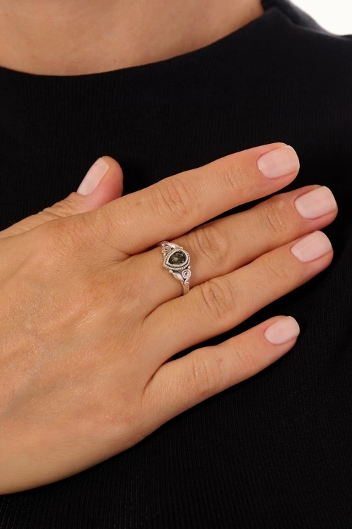 Kiraz Smoked Crystal Stoned Silver Plated Ring