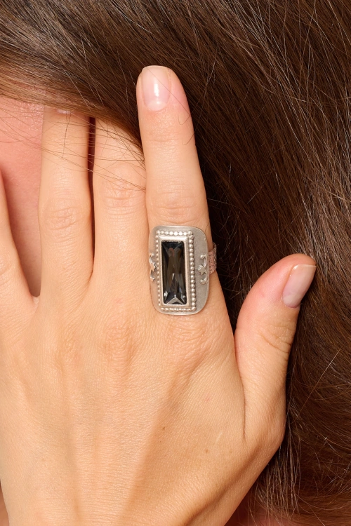 Kiraz Smoked Crystal Stoned Silver Plated Ring