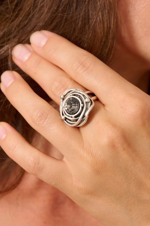 Kiraz Smoked Crystal Stoned Silver Plated Ring