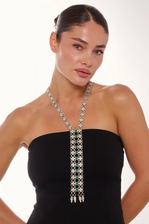 Kiraz Tie Green Stoned Silver Plated Necklace